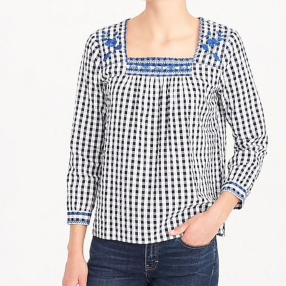 J. Crew Gingham Embroidered Peasant Top
